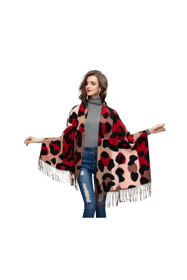 Glamexx24 Écharpe XXL pour femme - Motif léopard - 3 couleurs - Poncho surdimensionné, Rouge/beige, taille unique