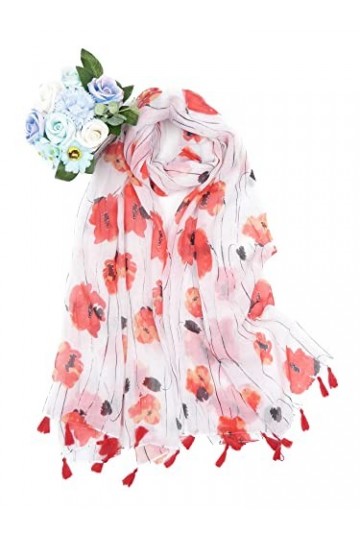 Claudia & Jason® Grande écharpe imprimée coquelicot rouge pour femme, Blanc 1., 180*90 cm