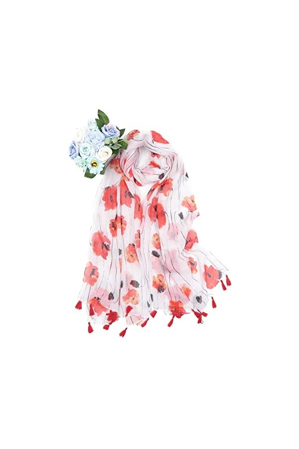 Claudia & Jason® Grande écharpe imprimée coquelicot rouge pour femme, Blanc 1., 180*90 cm