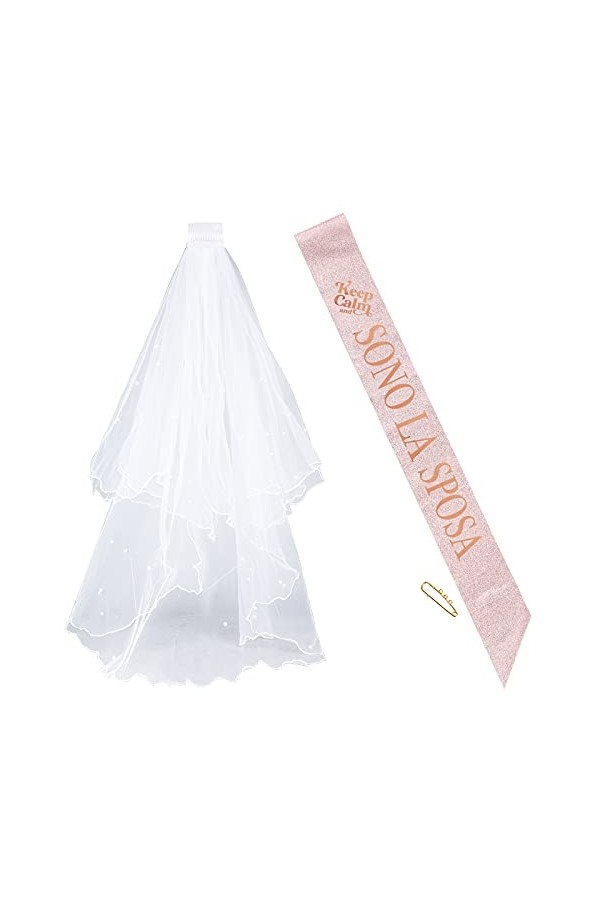 FLOFIA Kit de Accessoire Enterrement de Vie de Jeune Fille Voile de Mariage Blanc et Écharpe Sono LA Sposa Déguisements Décor