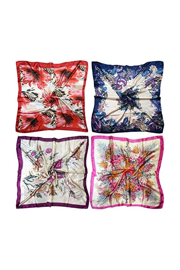 LilMents Lot de 4 grands foulards carrés en satin 90 × 90 cm, Set W7, taille unique