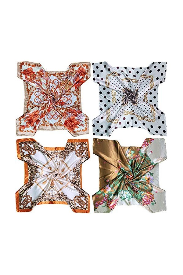 LilMents Lot de 4 grands foulards carrés en satin 90 × 90 cm, Set W7, taille unique