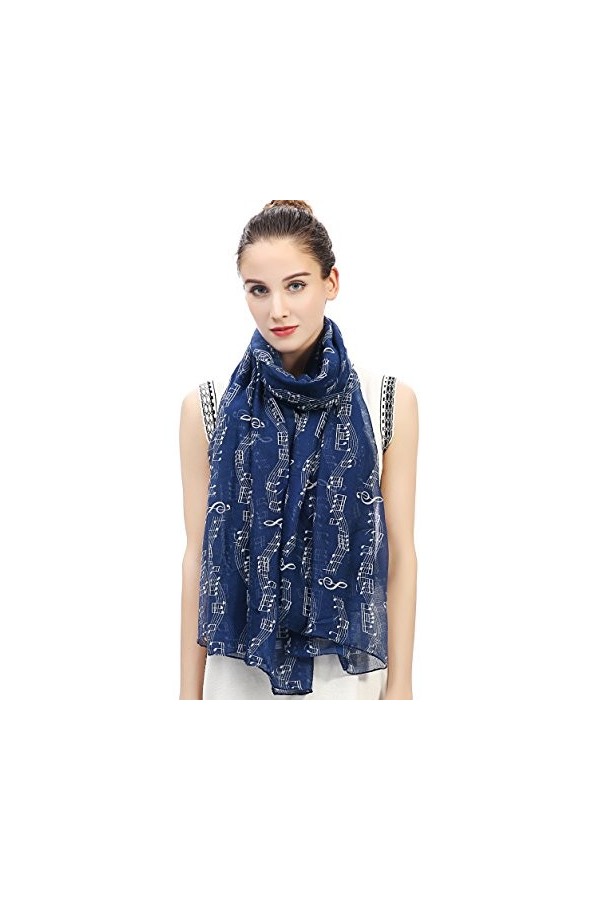 Lina & Lily Écharpe Foulard pour Femme Imprimé Note de Musique Marine 