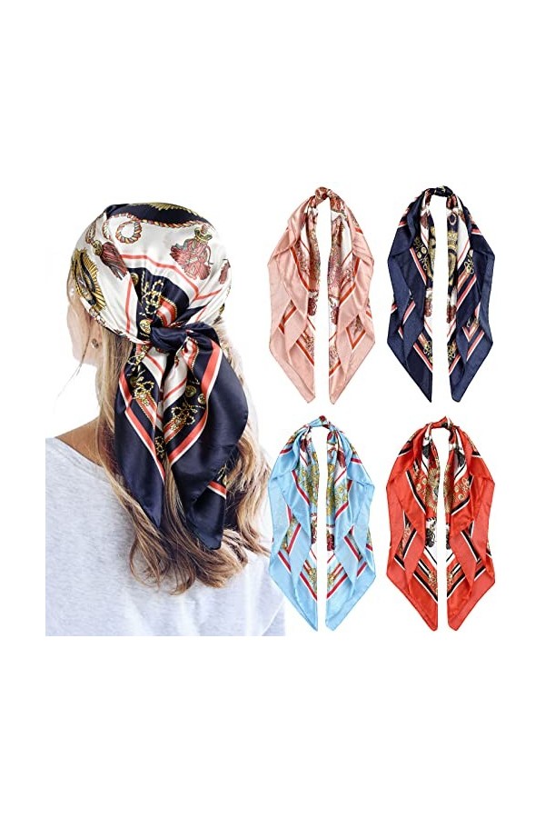 QBSM Foulard carré en satin pour femme 60 cm, Petite grille - Orange, 60 cm