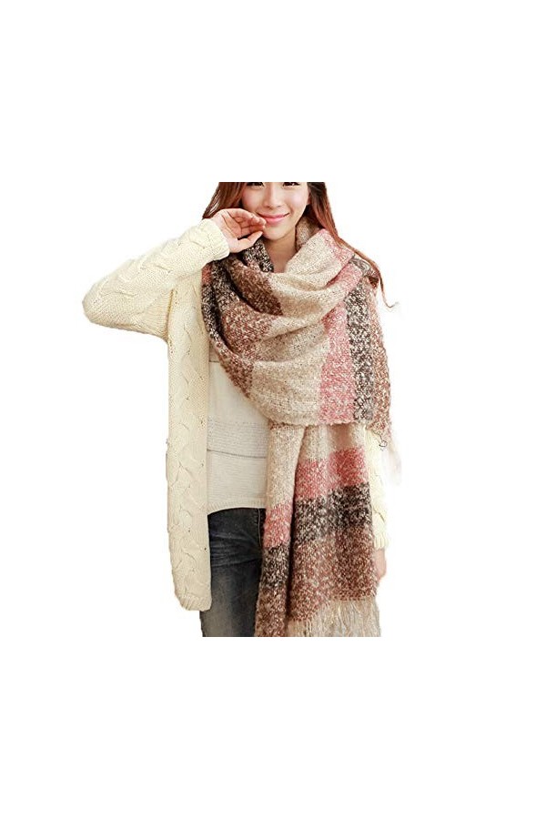 MAKFORT Écharpe XXL pour femme classique à rayures pour lautomne, lhiver, chaude et super longue étole pour femme avec pomp