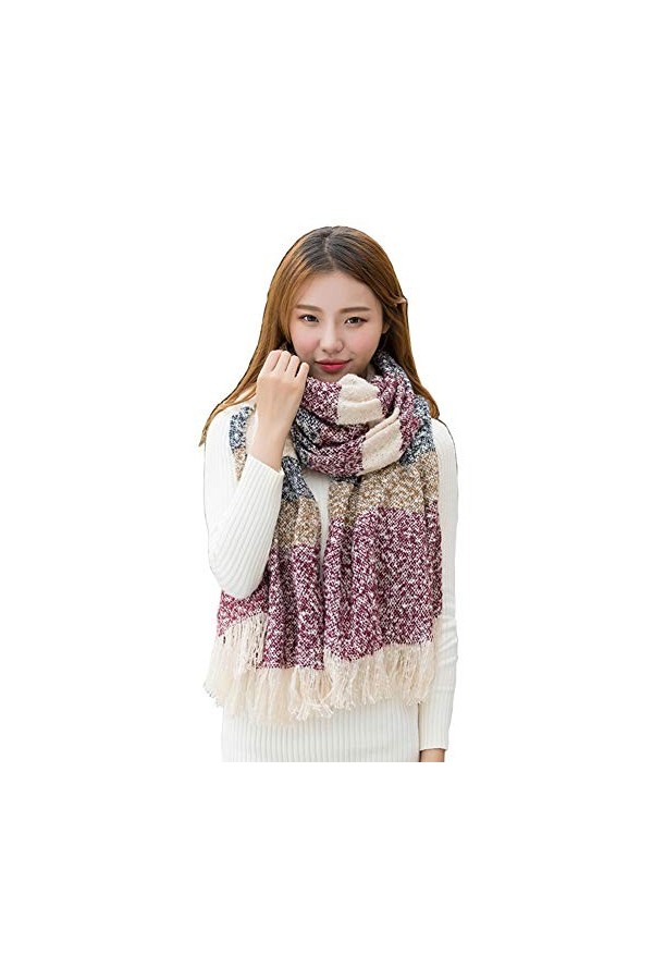 MAKFORT Écharpe XXL pour femme classique à rayures pour lautomne, lhiver, chaude et super longue étole pour femme avec pomp