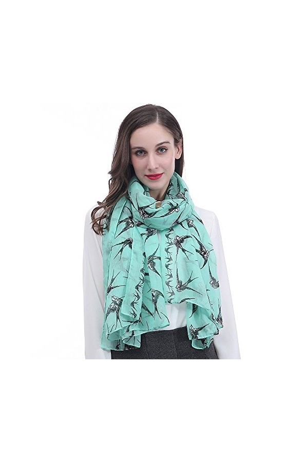 Lina & Lily Écharpe Foulard pour Femme Imprimé Oiseau Hirondelle Vert&nbsp;dEau 