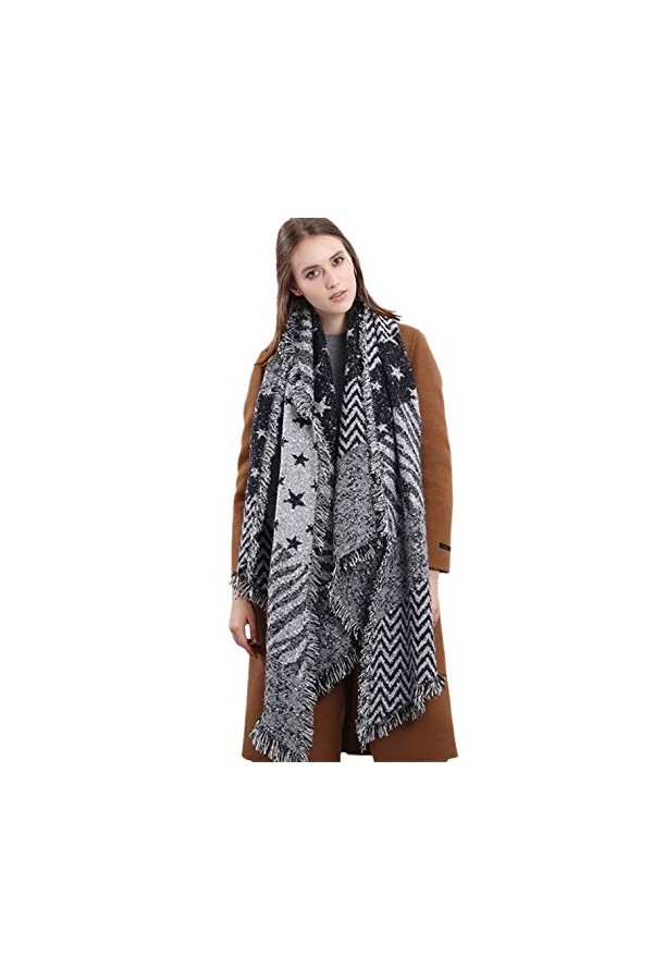 JFAN Écharpe Grand Oversize Avec Black Star 200cmx70cm Écharpe Tartan Chauffante Mode Femmes Epais Chaude Foulards Tempéramen