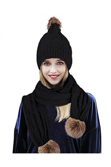 Ducomi® Lux & Co.&nbsp;Ensemble luxueux et à la mode composé d’une écharpe et d’un bonnet en laine douce avec pompon, noir
