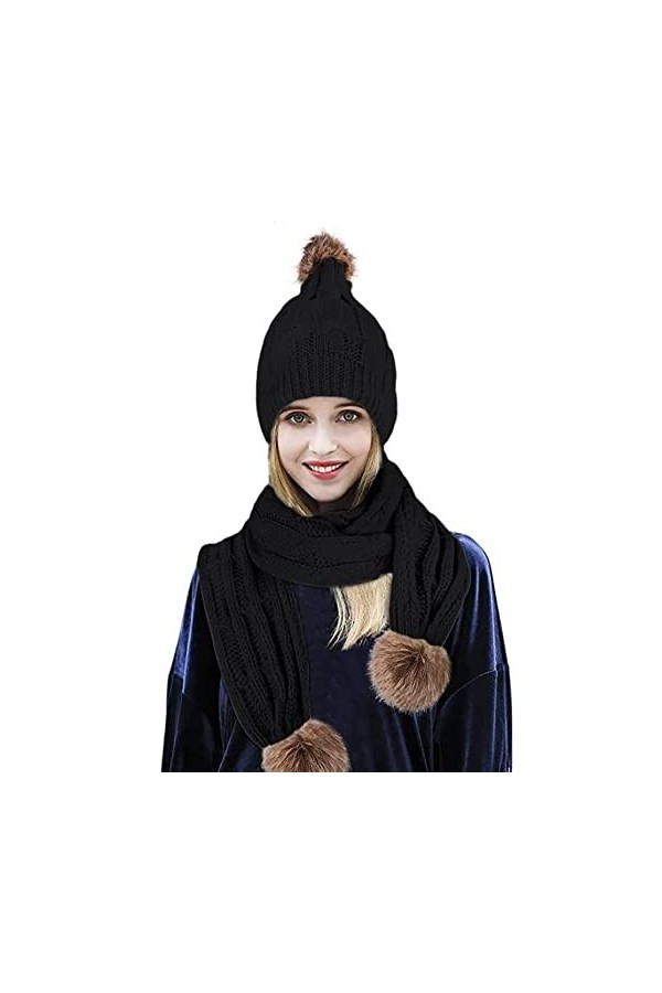 Ducomi® Lux & Co.&nbsp;Ensemble luxueux et à la mode composé d’une écharpe et d’un bonnet en laine douce avec pompon, noir