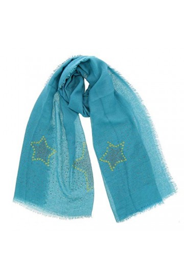 FASHIONGEN - Echarpe femme douce imitation coton, strass et étoile, NUARA - Bleu pétrole Doré 