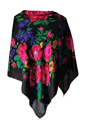 Grande écharpe colorée pour femme Motif floral folk vintage russe slavonique, Noir
