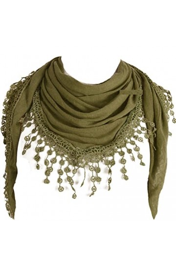 GFM® Tissu jersey Foulard triangle avec dentelle et pompons -Vert olive- TRI-PLN-GHJTN 