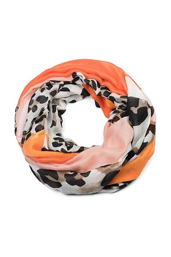 styleBREAKER Écharpe tube pour femmes avec motif imprimé léopard et à-plats de couleurs, snood, foulard 01016182, couleur:Ora