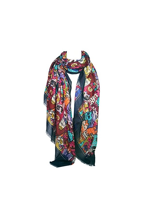 GFM® Écharpe à imprimé chat dessin animé pour femme - Grande taille - Printemps été - Bordure bleu - CT-72-GHNL 