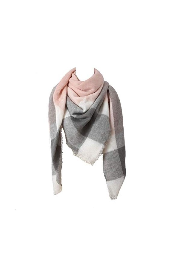 MAKFORT Écharpe pour femme automne hiver grande taille à carreaux avec franges XXL pour femme Rose/gris/bleu 140 x 140 cm - -