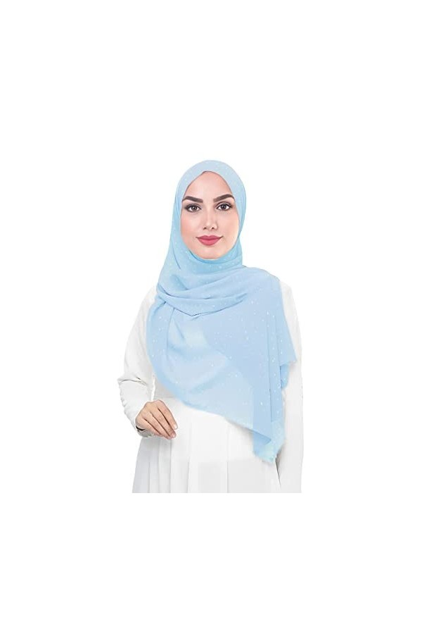 Écharpe Hijab en mousseline de soie scintillante dorée pour femme, bleu pastel, taille unique
