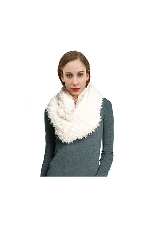 Lina & Lily Écharpe Tube Snood en Fausse Fourrure pour Femme Hiver Blanc 