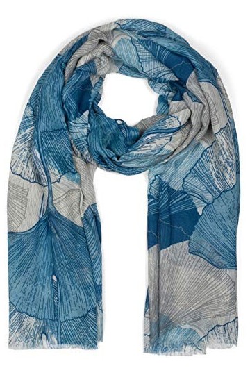 styleBREAKER Echarpe pour femmes avec impression de motifs colorés de feuilles de ginkgo et franges courtes, écharpe légère, 