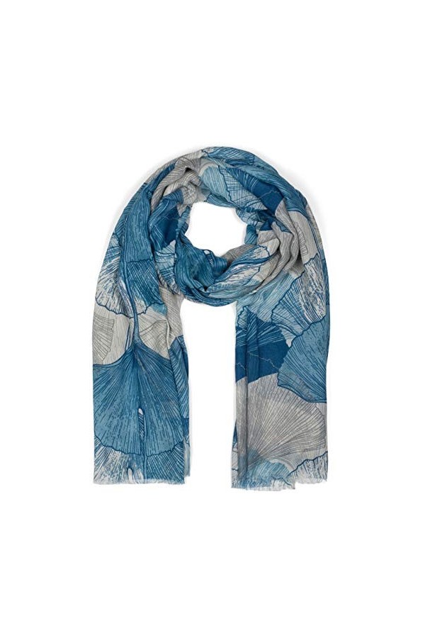 styleBREAKER Echarpe pour femmes avec impression de motifs colorés de feuilles de ginkgo et franges courtes, écharpe légère, 