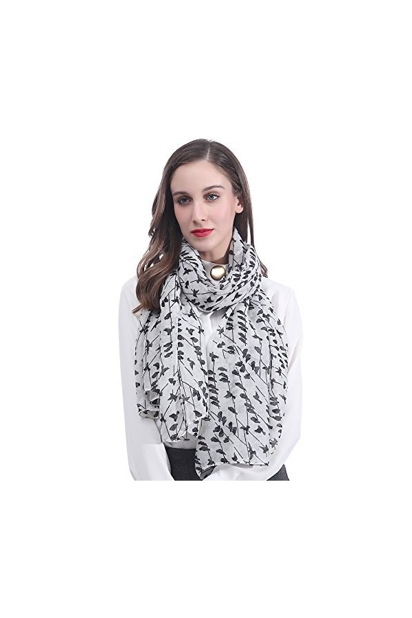 Lina & Lily Écharpe Foulard pour Femme Imprimé Oiseau Blanc