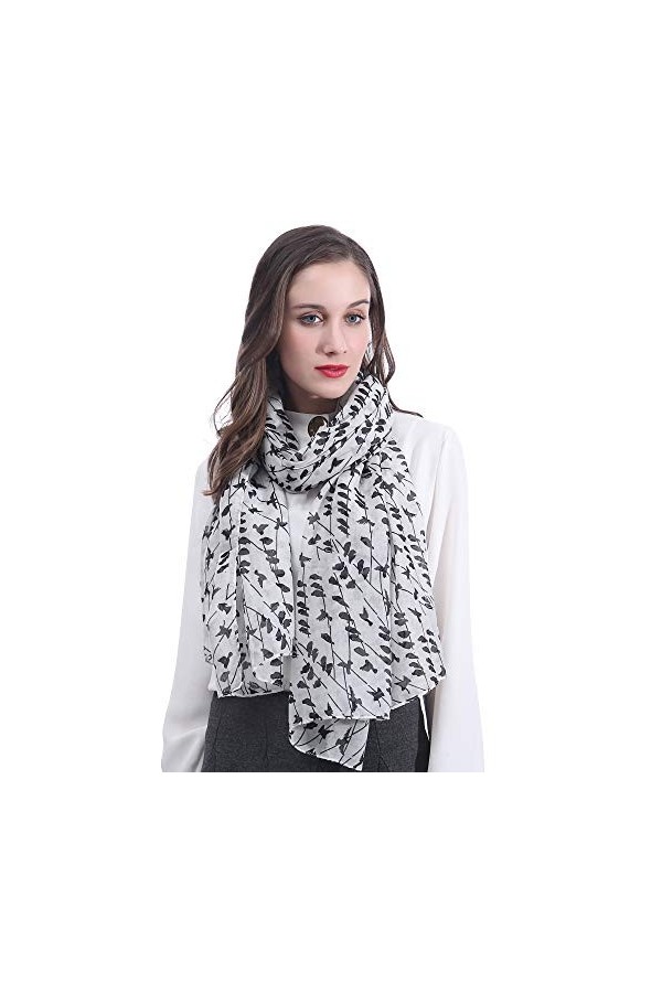 Lina & Lily Écharpe Foulard pour Femme Imprimé Oiseau Blanc 