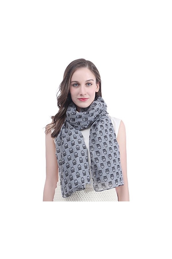 Lina & Lily Écharpe Foulard pour Femme Imprimé Chouette Gris 