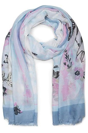 styleBREAKER Écharpe pour femmes avec motif papillons multicolore et franges, foulard 01016178, couleur:Bleu