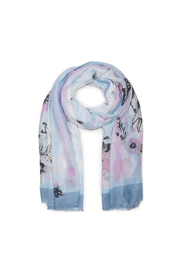 styleBREAKER Écharpe pour femmes avec motif papillons multicolore et franges, foulard 01016178, couleur:Bleu