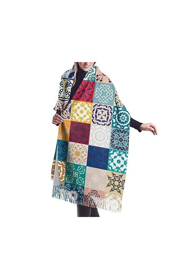 157 Echarpe Cadeau Patchwork Vintage Lisbonne Espagne Tunisie Motifs Glands Foulard Élégant Étole Châle De Femme Unisex Chaud