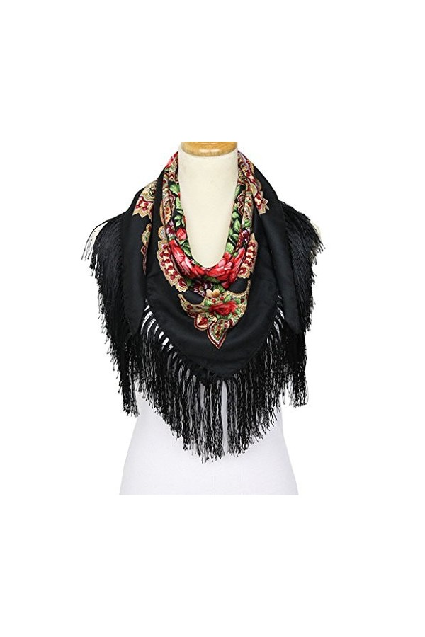 Xuniu Foulards carrés, Femmes Carré Écharpe Châle en Coton À Long Gland Franges Imprimé Floral Hiver Noir