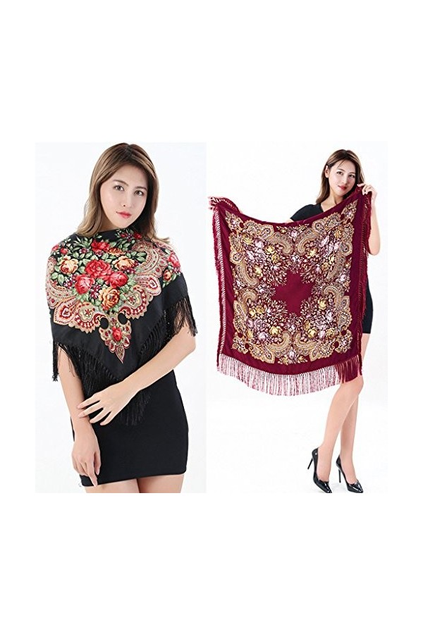 Xuniu Foulards carrés, Femmes Carré Écharpe Châle en Coton À Long Gland Franges Imprimé Floral Hiver Noir