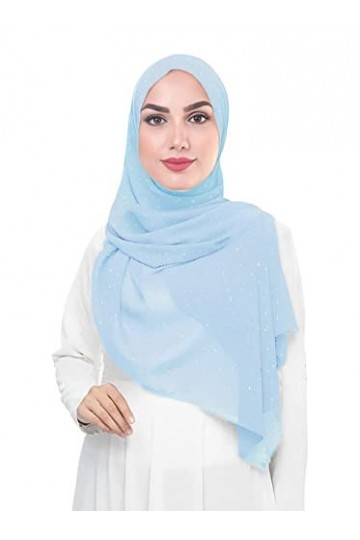 Écharpe Hijab en mousseline de soie scintillante dorée pour femme, bleu pastel, taille unique