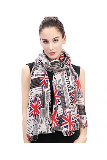 Lina & Lily Écharpe Foulard pour Femme Imprimé Journal Anglais Union Jack Blanc 