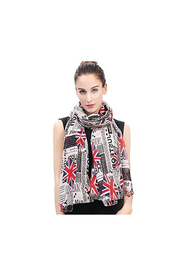 Lina & Lily Écharpe Foulard pour Femme Imprimé Journal Anglais Union Jack Blanc 