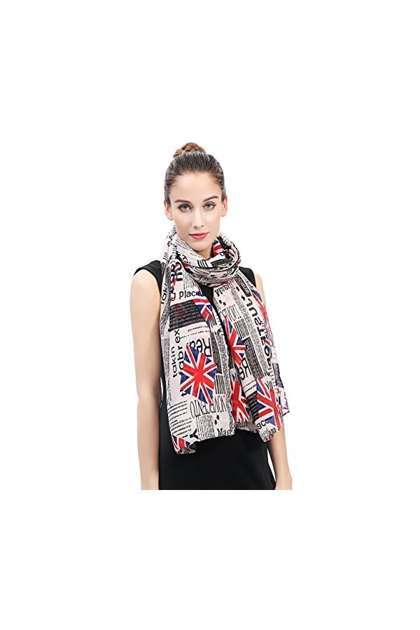 Lina & Lily Écharpe Foulard pour Femme Imprimé Journal Anglais Union Jack Blanc 