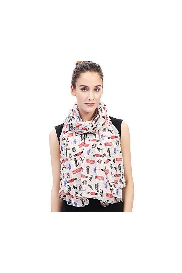 Lina & Lily Écharpe Foulard pour Femme Imprimé Londres London Souvenir Blanc 