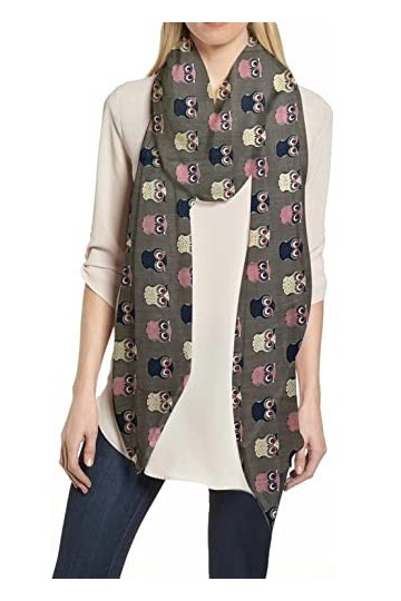Lina & Lily Écharpe Foulard pour Femme Imprimé Hibou Gris Foncé 
