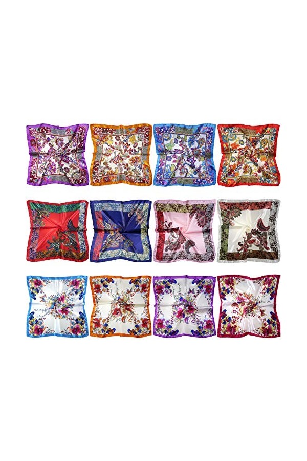 Lot de 12 foulards carrés en satin pour femme Motifs variés, Set Zc, Taille Unique