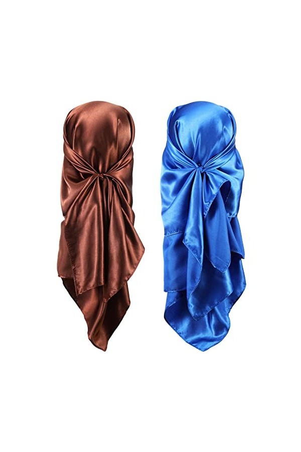 35 Pouces Foulard en Soie 2 Écharpes en Satin Femmes Bleu Roi, Marron 