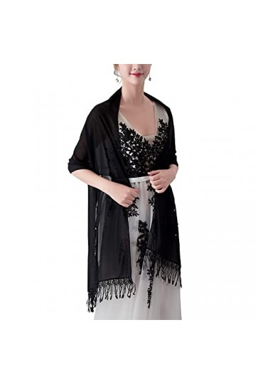 CHIC DIARY Élégante écharpe en mousseline de soie pour femme avec pompon pour robe de soirée, robe de mariée, Noir , taille u