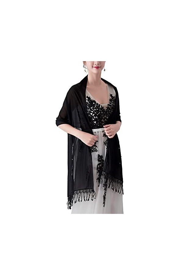 CHIC DIARY Élégante écharpe en mousseline de soie pour femme avec pompon pour robe de soirée, robe de mariée, Noir , taille u