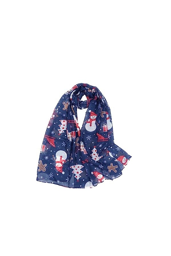 Claudia & Jason® Écharpe avec motif sapin de Noël et bonhomme de neige pour femme, bleu marine, Taille Unique