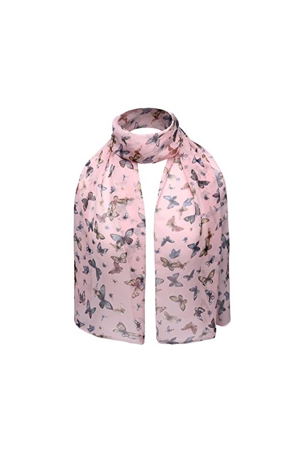 BasicSense Écharpe classique en mousseline de soie avec imprimé papillon, Rose pêche, taille unique