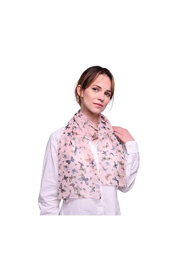 BasicSense Écharpe classique en mousseline de soie avec imprimé papillon, Rose pêche, taille unique