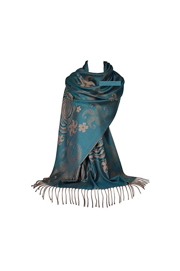 GFM Écharpe style pashmina à motif floral FRL3 , 3032-Tlkek-bleu sarcelle, L