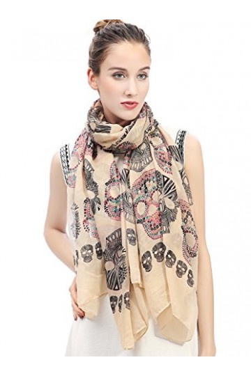 Lina & Lily Écharpe Foulard pour Femme Imprimé Crâne le jour de la morts Camel 
