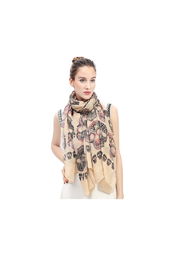 Lina & Lily Écharpe Foulard pour Femme Imprimé Crâne le jour de la morts Camel 