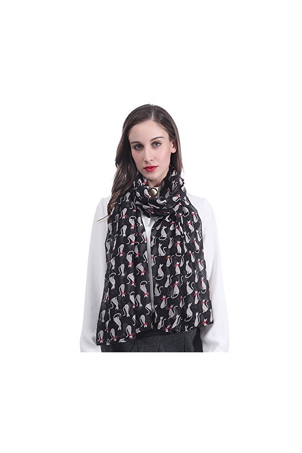 Lina & Lily Écharpe Foulard pour Femme Imprimé Chat Matou Noir 