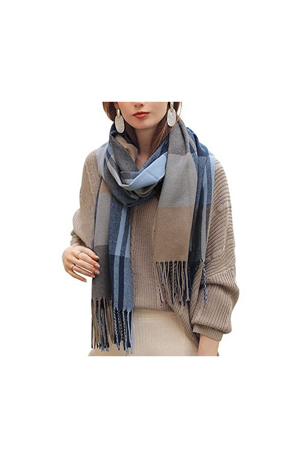 Écharpe Femme Classique Grande Écharpe à Carreaux Longue Etole avec Franges Écharpe Femme Élégante en Imitation Cachemire Cha